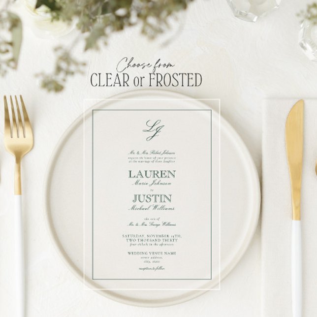 Classic Emerald Green Script Monogram Wedding Acrylic Invitations (Creator Uploaded)