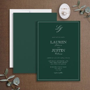 Classic Emerald Green Script Monogram Wedding Invitation
