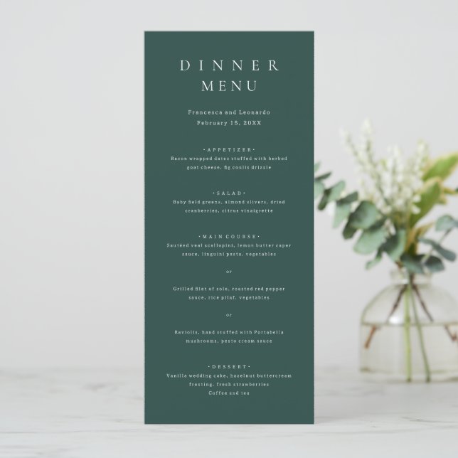 Classic Emerald Green Simple Wedding Menu (Standing Front)