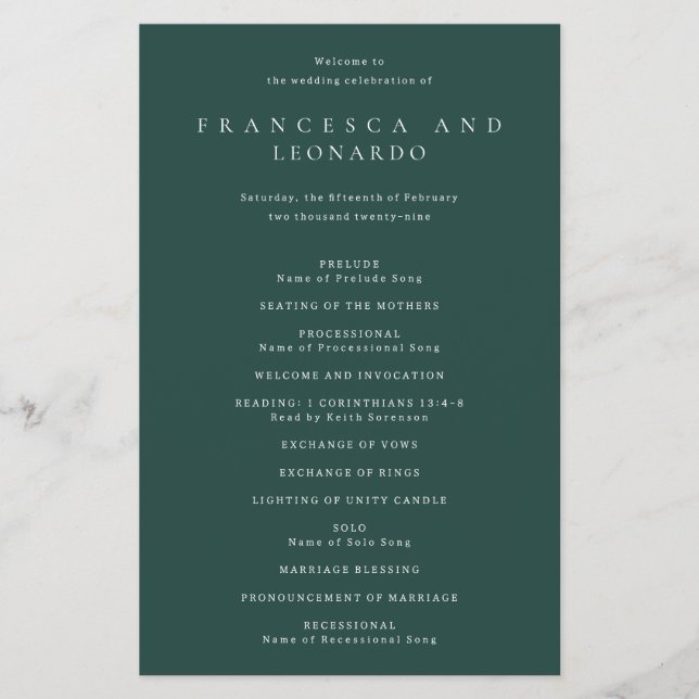 Classic Emerald Green Simple Wedding Program (Front)