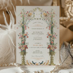 Classic Enchanted Garden Wedding Invitation<br><div class="desc">This wedding invitation is a romantic canvas painted with the soft tones of an English garden. Carnation pink, coral, and ivory blooms cascade down ornate golden urns, symbolizing the growth and blossoming of love. The floral archway, adorned with delicate greenery, frames the couple's initials in a traditional Victorian style, creating...</div>