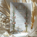 Classic Enchanted Garden Wedding Invitation<br><div class="desc">This wedding invitation is a romantic canvas painted with the soft tones of an English garden. Carnation pink, coral, and ivory blooms cascade down ornate golden urns, symbolizing the growth and blossoming of love. The floral archway, adorned with delicate greenery, frames the couple's initials in a traditional Victorian style, creating...</div>