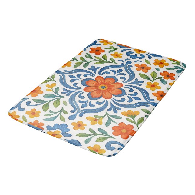 Classic Ethnic Mediterranean Floral Art Pattern Bath Mat (Angled)