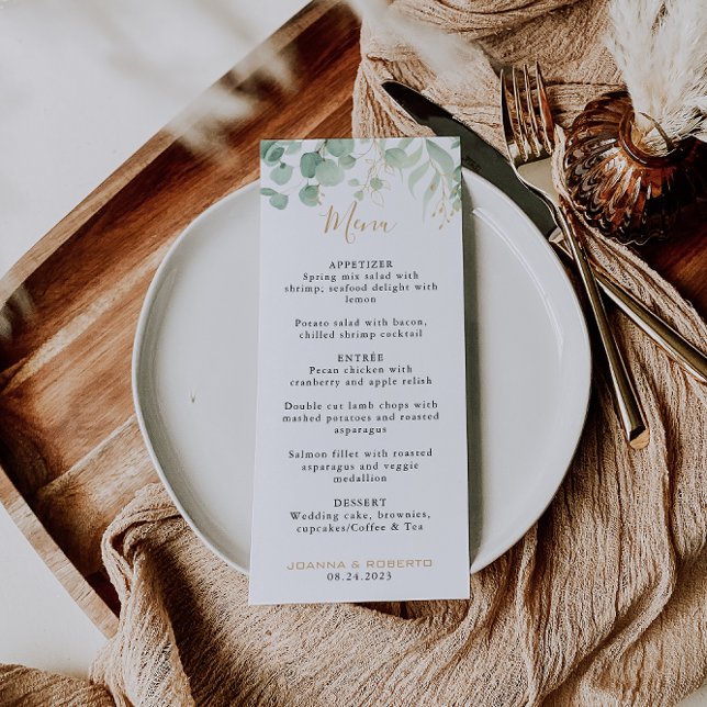 Classic Eucalyptus Gold Leaf Formal Wedding Menu (Creator Uploaded)