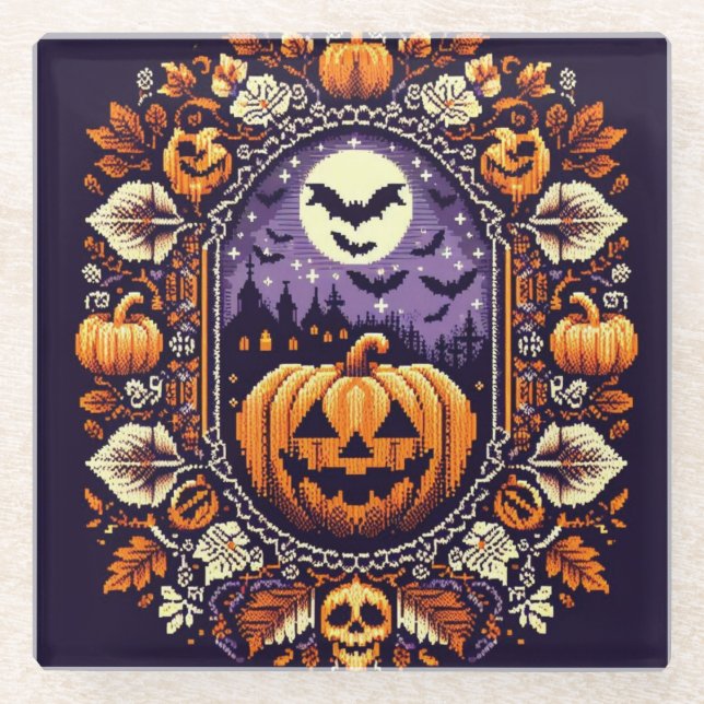Classic Fair Isle Halloween/Pumpkin Glass Coaster (Front)