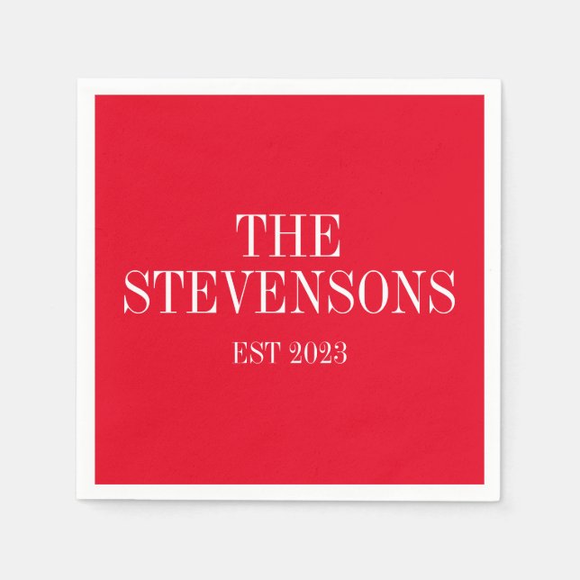 Classic Family Last Name Est Date Holiday Red Napkin (Front)