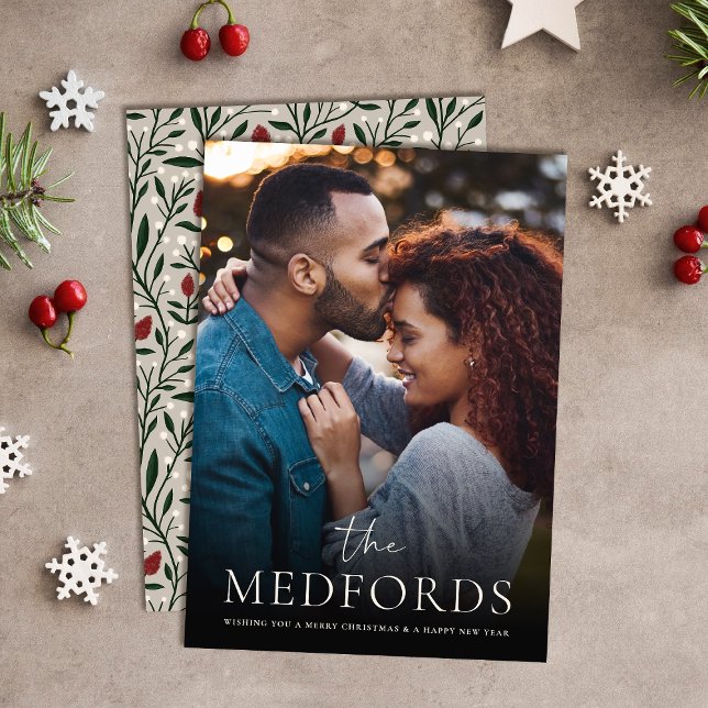 Classic Family Name Floral Back | Photo Holiday Card (Creator Uploaded)