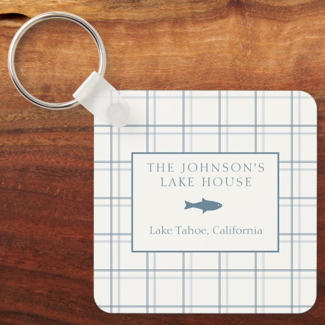 Classic Family Name Plaid Lake House Dusty Blue Keychain (Front)