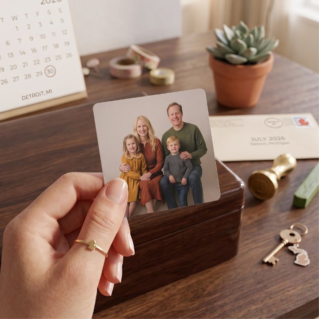 Classic Family Portrait Custom Square Sticker (Add a perfect touch of love to any surface with a custom photo sticker.)