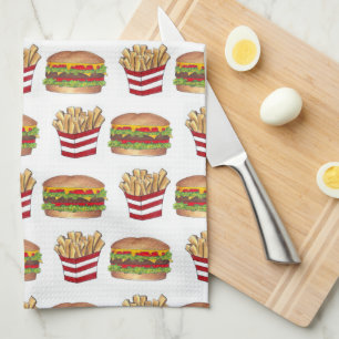 Classic Fast Food Pairing Burger and French Fries Kitchen Towel