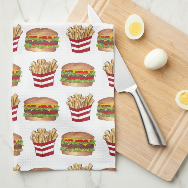 Classic Fast Food Pairing Burger and French Fries Kitchen Towel (Quarter Fold)