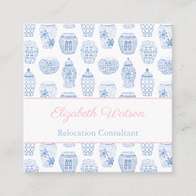 Classic Feminine Pink And Blue Ginger Jar Square Business Card (Front)