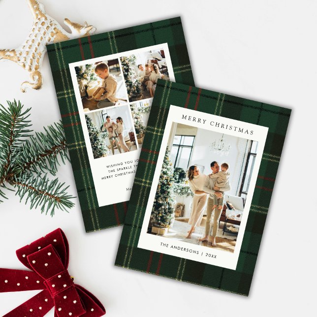 Classic Festive Green Plaid 5 Photo Christmas Holiday Card (Creator Uploaded)