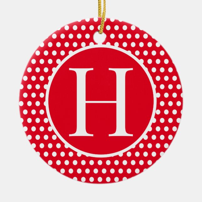 Classic Festive Red initial letter Polka Dot  Ceramic Ornament (Front)