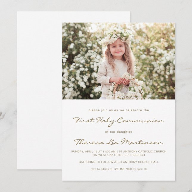 Classic First Holy Communion with Cross Photo Invitation (Front/Back)