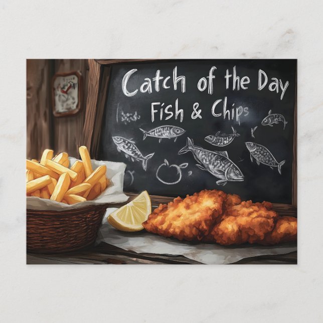 Classic Fish and Chips and Blackboard Illustration Postcard (Front)