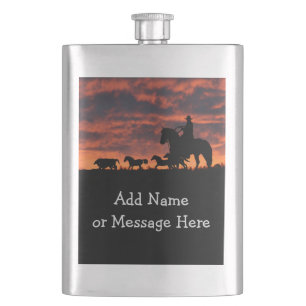 Classic Flask Cowboy and Sunset Customizable