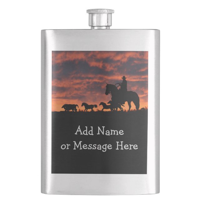 Classic Flask Cowboy and Sunset Customizable (Front)