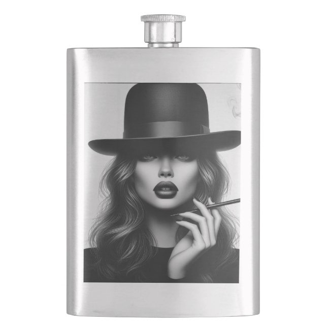Classic Flask with AI design of woman with bowler  (Front)