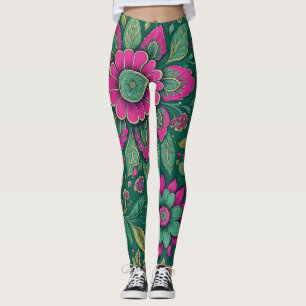 Classic Floral Art Pink Green Vintage Style Leggings