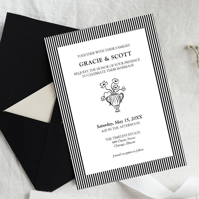 Classic Floral Black & White Thin Striped Wedding Invitation (Creator Uploaded)