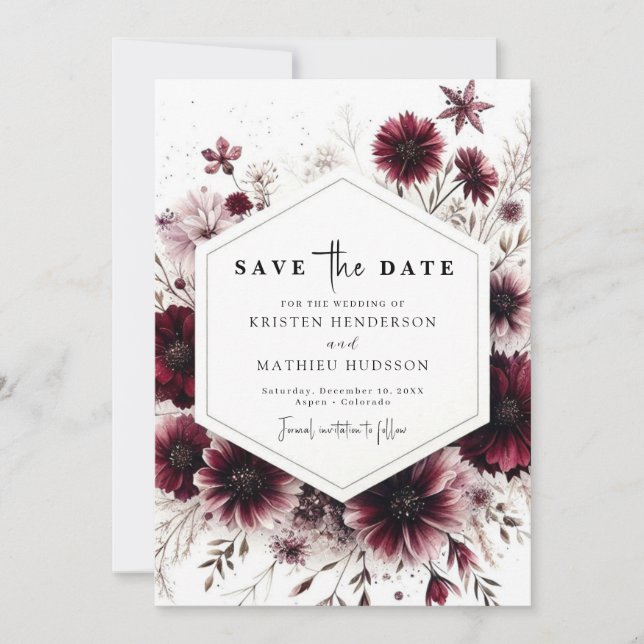 Classic Floral Burgundy Wedding Save The Date (Front)