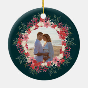 classic floral christmas botanical 2 photo ceramic ornament