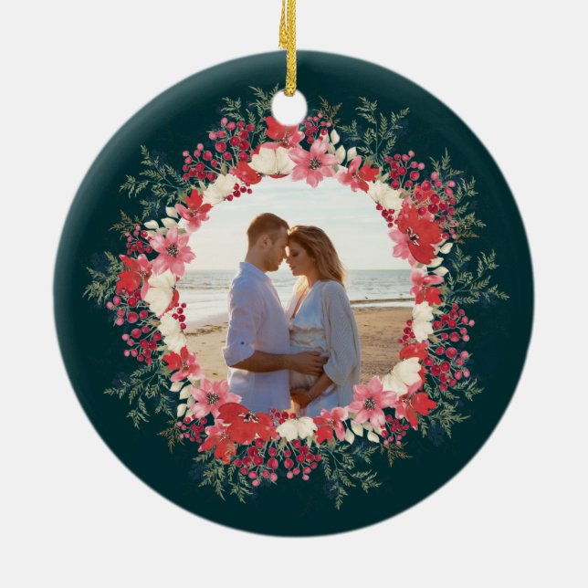 classic floral christmas botanical 2 photo ceramic ornament (Back)