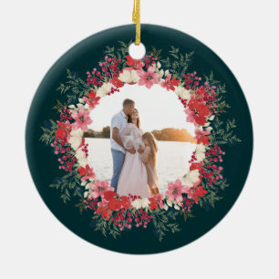 classic floral christmas botanical family photo ceramic ornament