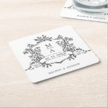 Classic Floral Crest Wedding Black and White Square Paper Coaster<br><div class="desc">Classic black and white floral crest wedding paper coaster with monograms,  perfect for a modern classic or romantic vintage wedding. For more advanced customization of this design,  please click the BLUE DESIGN TOOL BUTTON above! Matching items are also available.</div>