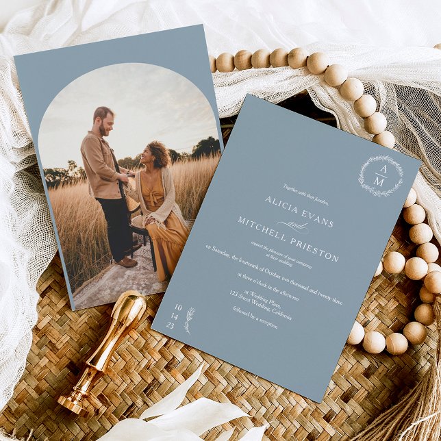 Classic floral dusty blue monogram wedding arch invitation (Creator Uploaded)