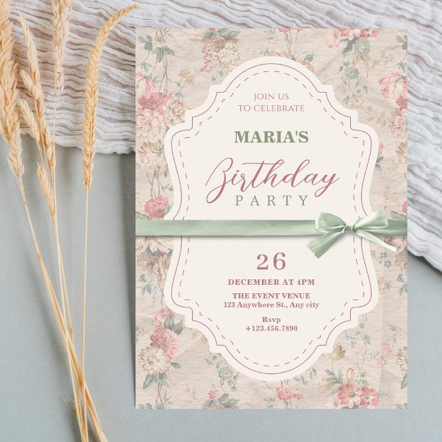 Classic floral feminine vintage bow birthday invitation (Creator Uploaded)