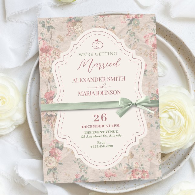 Classic floral feminine vintage bow wedding invitation (Creator Uploaded)