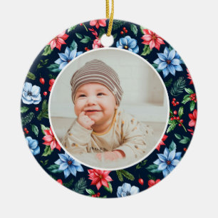 Classic Floral Frame Baby's First Christmas  Ceramic Ornament