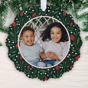 Classic Floral Frame Photo Christmas Green Ornament Card
