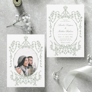 Classic Floral Frame Sage Green Wedding Photo Invitation