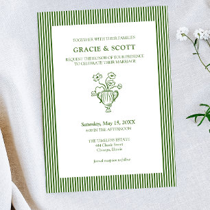 Classic Floral Green Garden Thin Striped Wedding Invitation