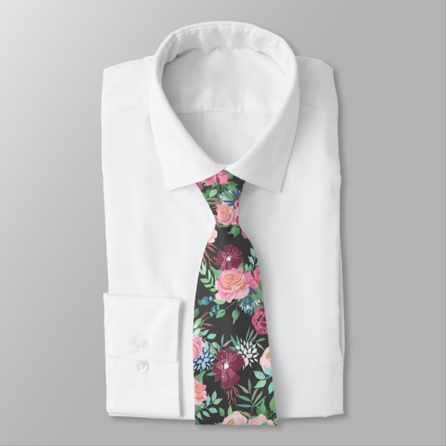 Classic Floral Grey and Pink Roses Tie (Tied)