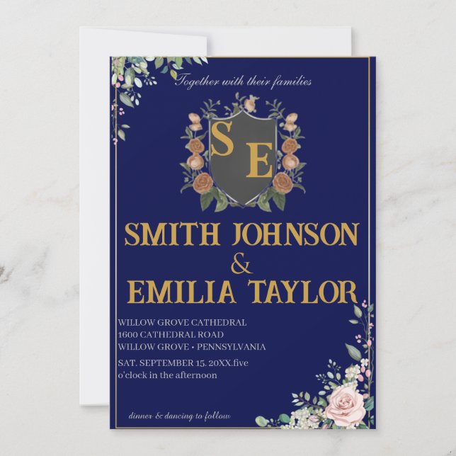 Classic Floral Monogram Crest Wedding Invitation. Invitation (Front)