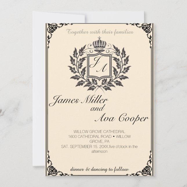 Classic Floral Monogram Crest Wedding Invitation. Invitation (Front)
