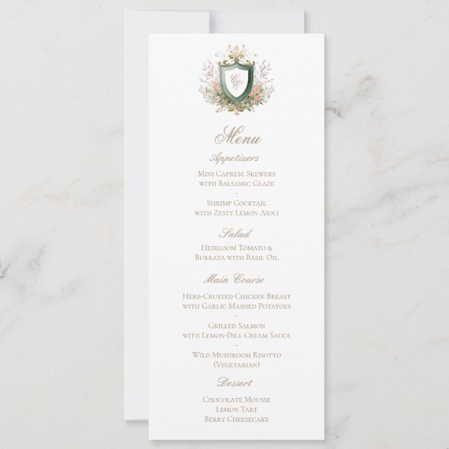 Classic Floral Monogram Crest Wedding Menu Card (Devant)