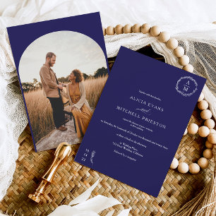 Classic floral navy blue monogram wedding arch invitation