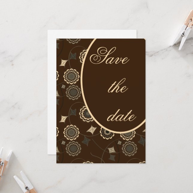 Classic Floral Pattern Brown Save the Date Invitation (Front/Back In Situ)