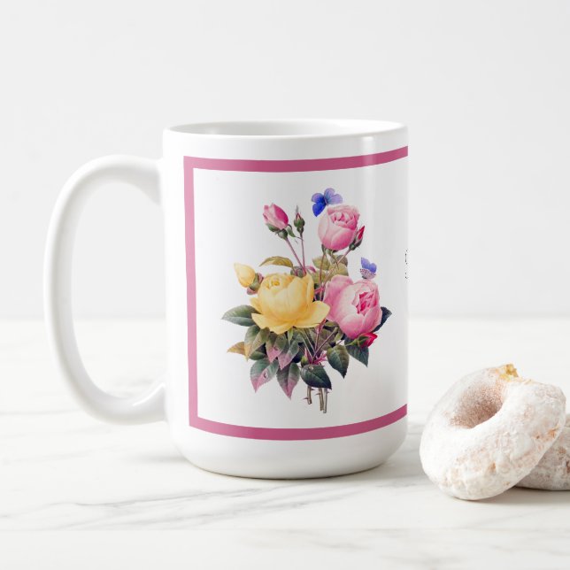 Classic Floral Pink Yellow Roses Purple Butterfly Coffee Mug (With Donut)