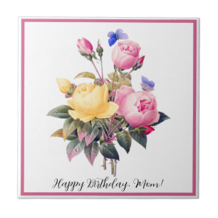 Classic Floral Pink Yellow Roses Purple Butterfly Tile