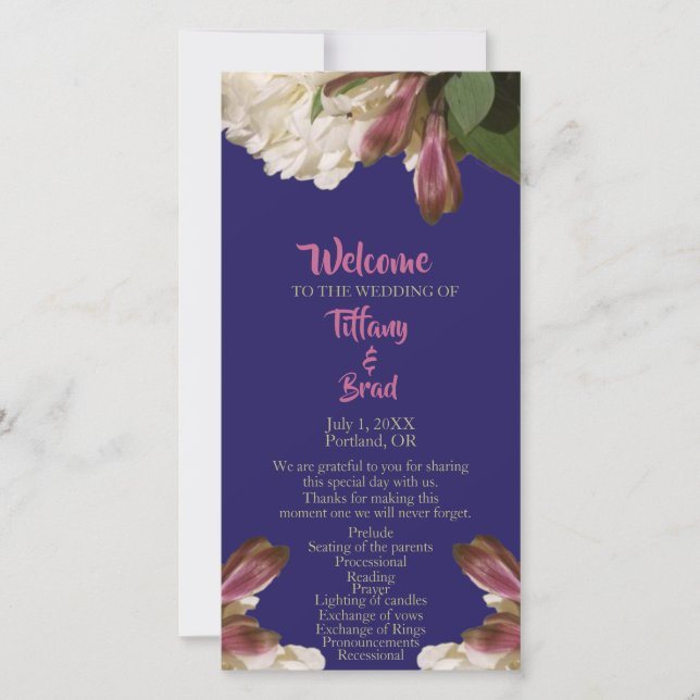 Classic Floral Royal Blue Mariage programme de cér (Devant)
