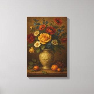 Classic Floral Still Life with Vase and Fruit Canvas Print