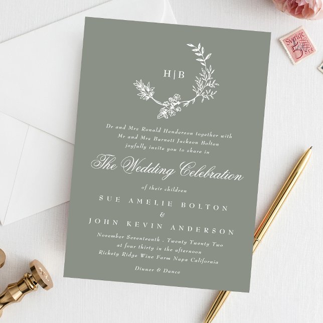 Classic Floral Wreath Monogram Sage Green Wedding Invitation (Creator Uploaded)