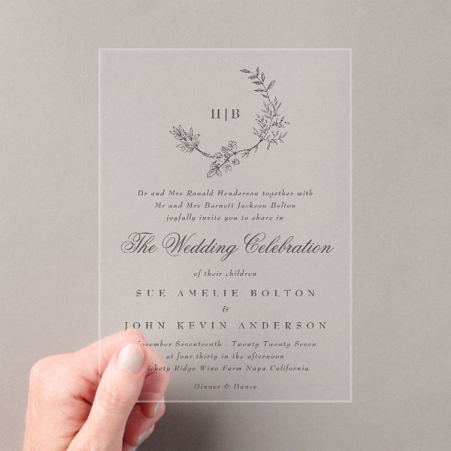 Classic Floral Wreath Monogram Wedding Acrylic Invitations (Insitu (Handheld))