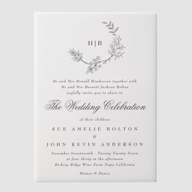Classic Floral Wreath Monogram Wedding Vellum Invitations (Front)